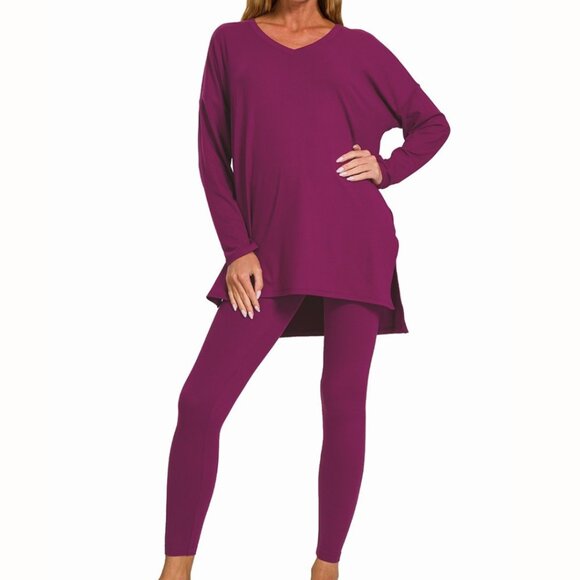 V‑Neck Long‑Sleeve Loungewear Leggings Set – Buttery Soft Brushed DTY Microfiber - Picture 2 of 6